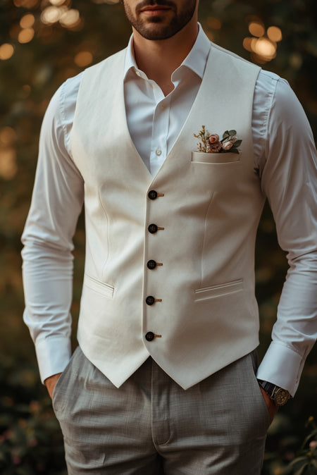 Men’s cream waistcoat with white shirt and boutonniere formal wedding vest outfit