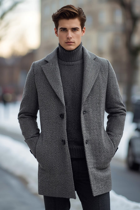 Man wearing grey overcoat with dark turtleneck sweater smart winter outfit
