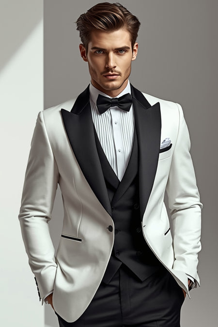 Man wearing white tuxedo jacket with black lapels and bow tie formal black tie outfit