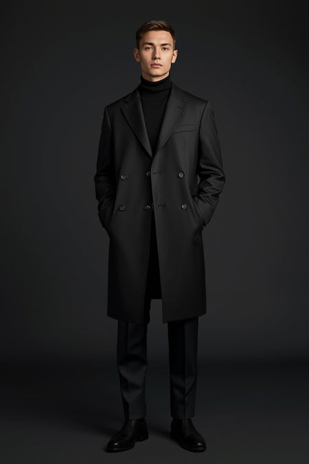 Man wearing black double-breasted overcoat with turtleneck minimalist monochrome outfit