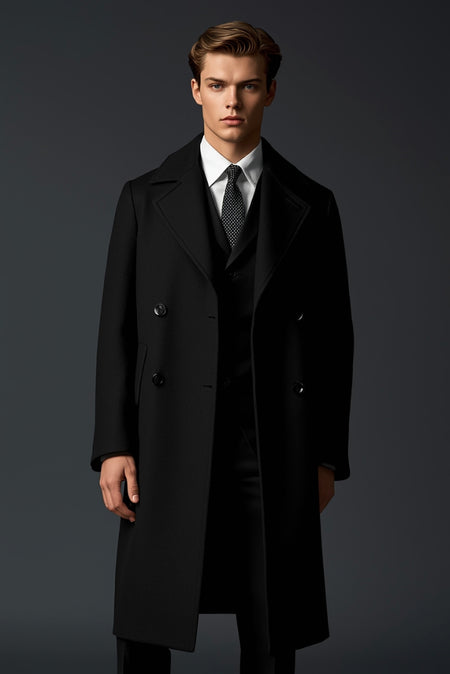 Man wearing black overcoat with suit and tie classic formal winter outfit
