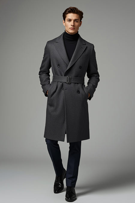 Man wearing grey belted overcoat with black turtleneck smart winter formal outfit