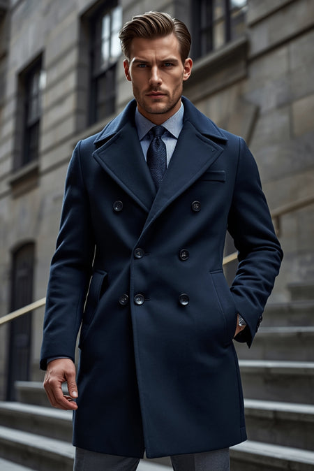 Man wearing navy double-breasted overcoat with shirt and tie formal winter outfit