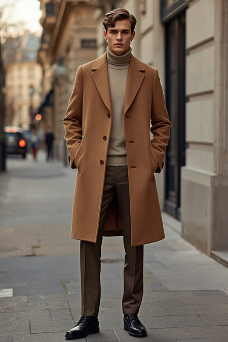 Man wearing camel overcoat with turtleneck sweater smart casual winter outfit on city street