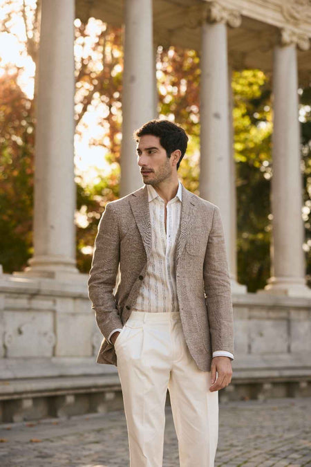 men’s beige blazer outfit smart casual summer style with cream trousers elegant look