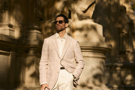 men’s light beige check blazer outfit summer smart casual style with sunglasses