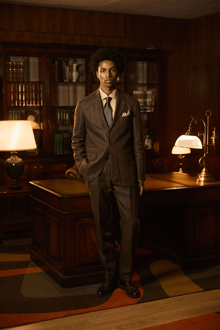 men’s brown pinstripe suit with tie classic formal outfit in office setting