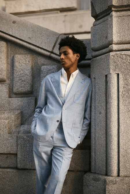 men’s light blue suit with white shirt elegant smart formal outfit styling