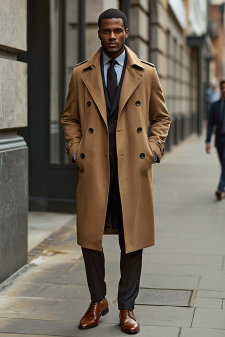 Man wearing camel trench coat over formal suit with tie smart winter outfit on city street