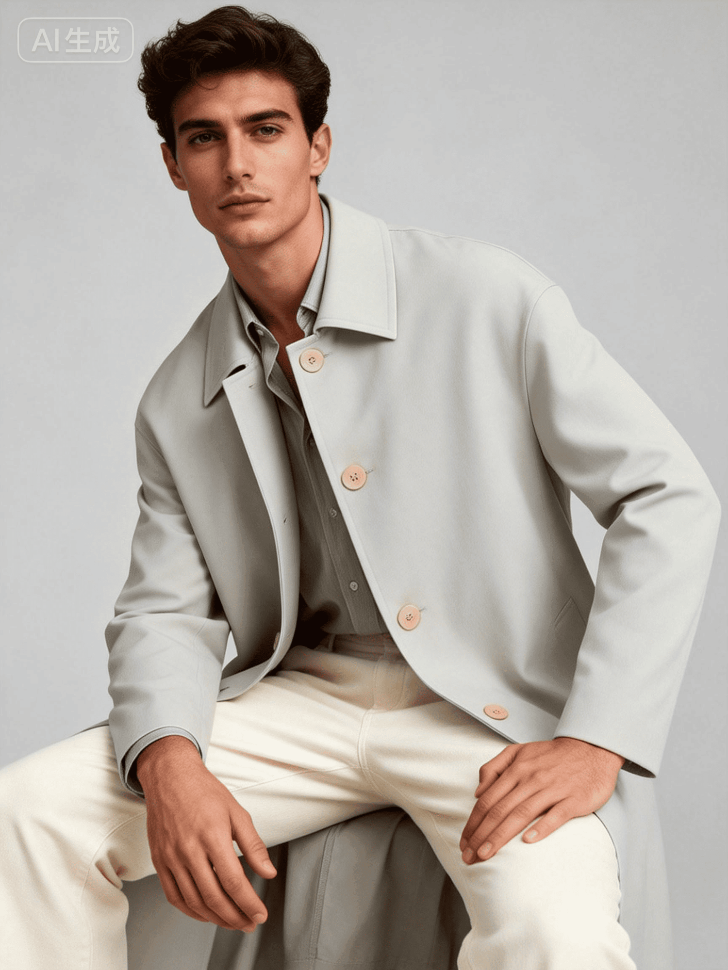 Man wearing a light gray jacket and white pants against a plain background