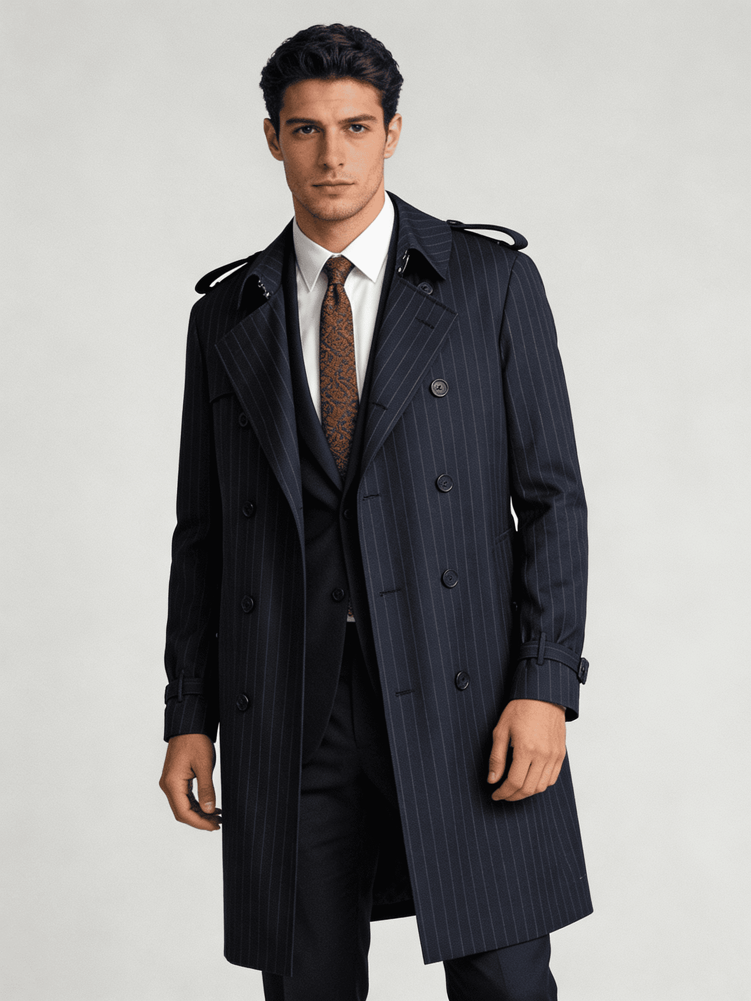 Man wearing a dark pinstripe trench coat over a suit on a light gray background