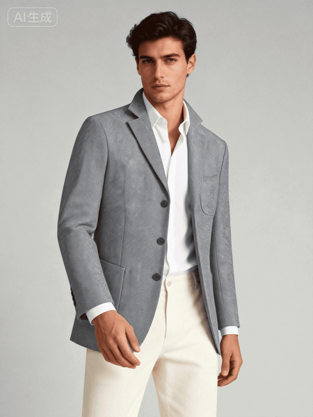Man wearing a gray blazer over a white shirt and pants on a light gray background