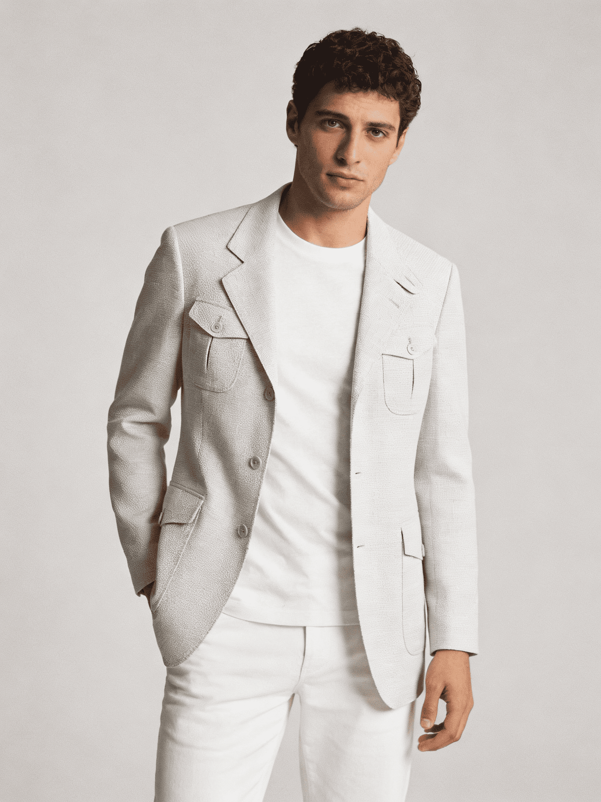 Man wearing a light gray suit and white shirt against a plain background