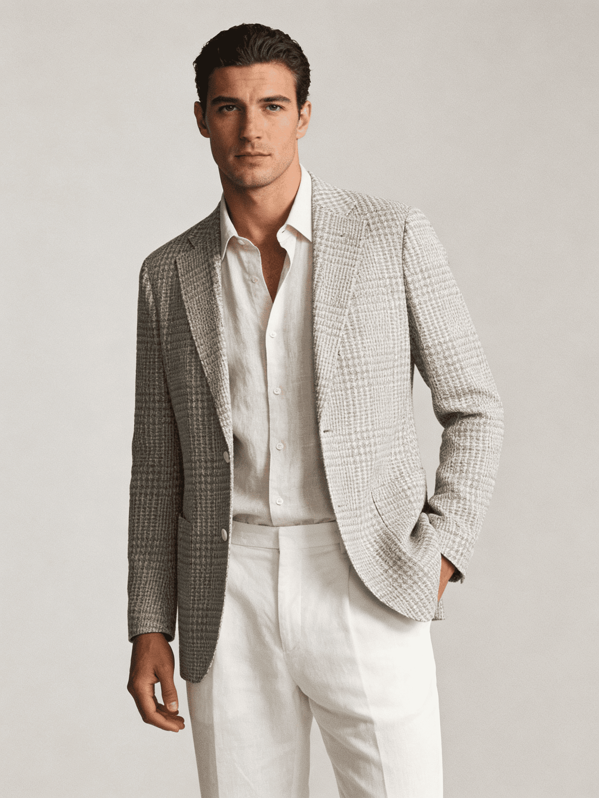 Man wearing a gray checkered blazer over a white shirt and pants on a light background