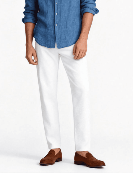 Man wearing white trousers with blue shirt smart casual summer menswear outfit”