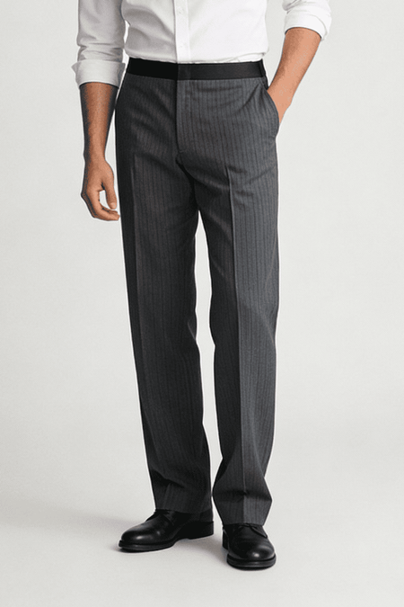 Men’s dark grey pinstripe trousers with high waist and black formal shoes