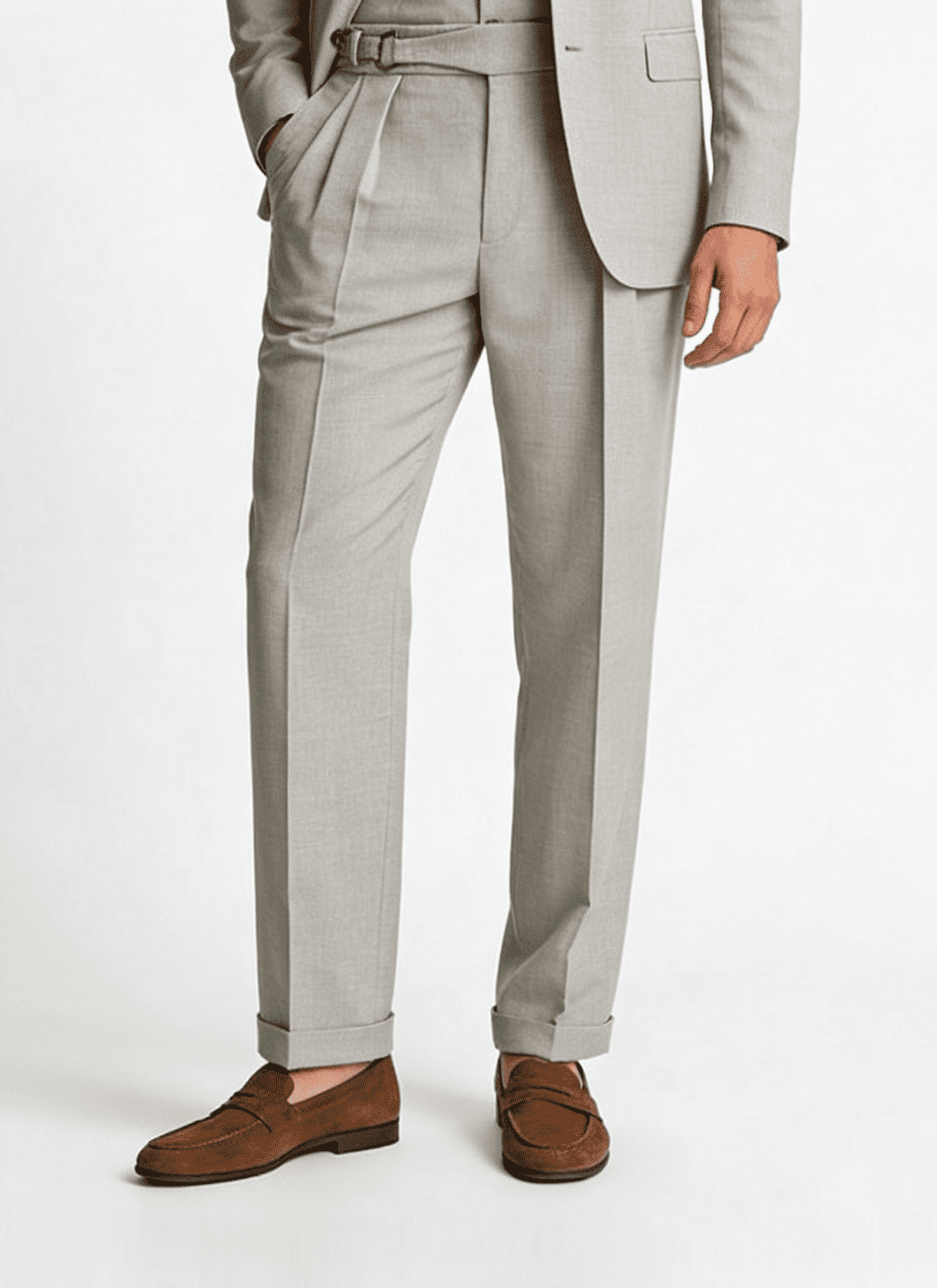 Men’s light grey tailored trousers with pleats and brown loafers formal outfit