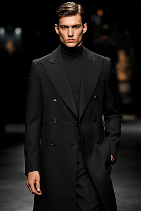 Man wearing all black double-breasted overcoat with turtleneck formal monochrome outfit