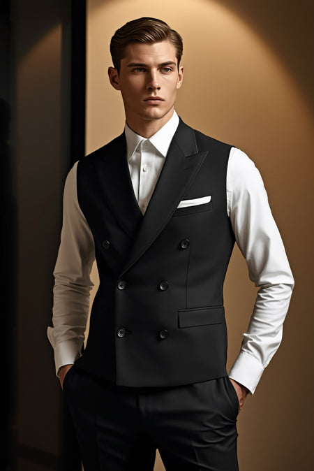 Mens black double breasted waistcoat with white dress shirt and tailored dress pants – elegant formal outfit