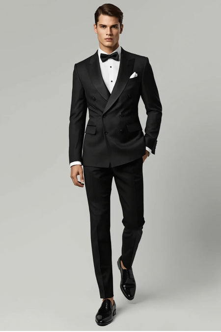 Man wearing black double-breasted tuxedo with bow tie classic formal outfit