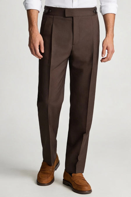 Men’s brown tailored trousers with pleated front and side adjusters formal pants