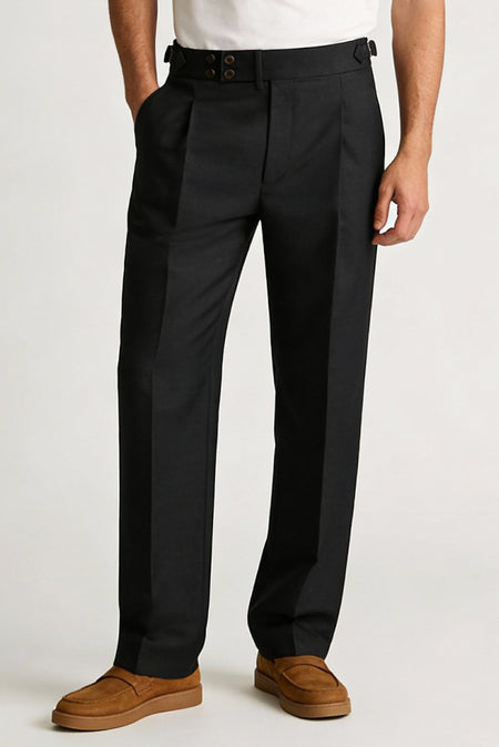 Men’s black tailored trousers with pleats and side adjusters formal pants