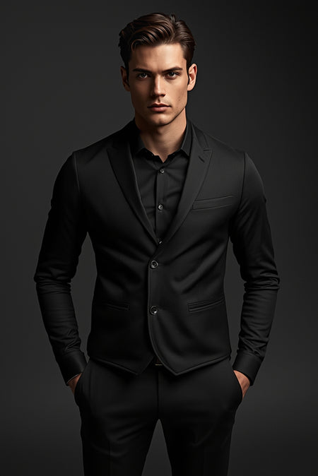 Man wearing all black formal suit with black shirt minimalist modern men’s fashion look