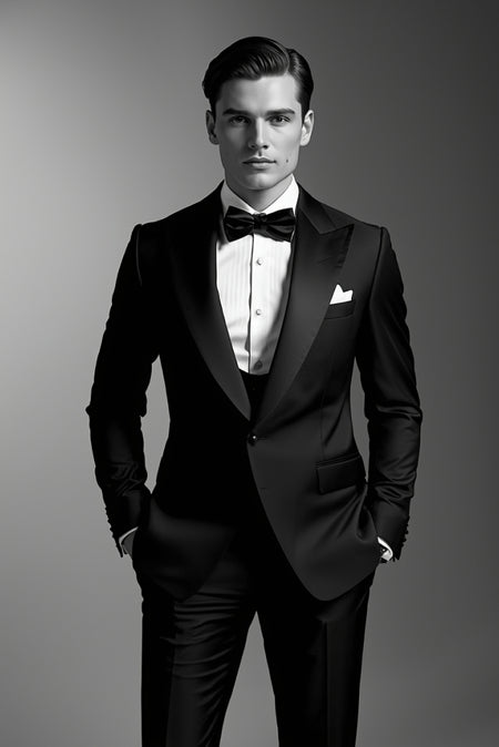 Man wearing black tuxedo with bow tie classic formal black tie outfit