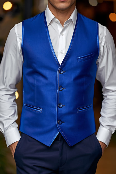 Men’s blue waistcoat with white shirt formal vest outfit detail