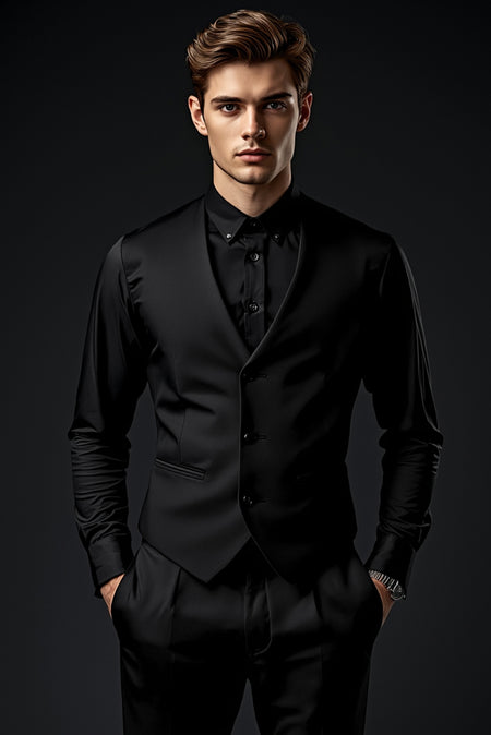 Man wearing all black waistcoat and shirt formal monochrome outfit