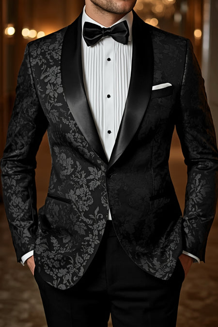 Men’s black floral tuxedo jacket with satin lapels and bow tie formal evening outfit