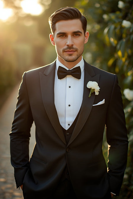 Man wearing black tuxedo with bow tie and boutonniere formal wedding outfit