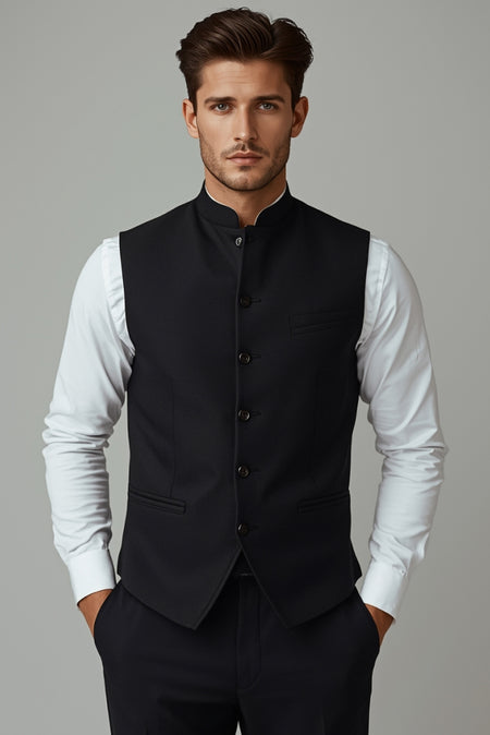 Men’s black Nehru jacket waistcoat with white shirt modern ethnic formal outfit