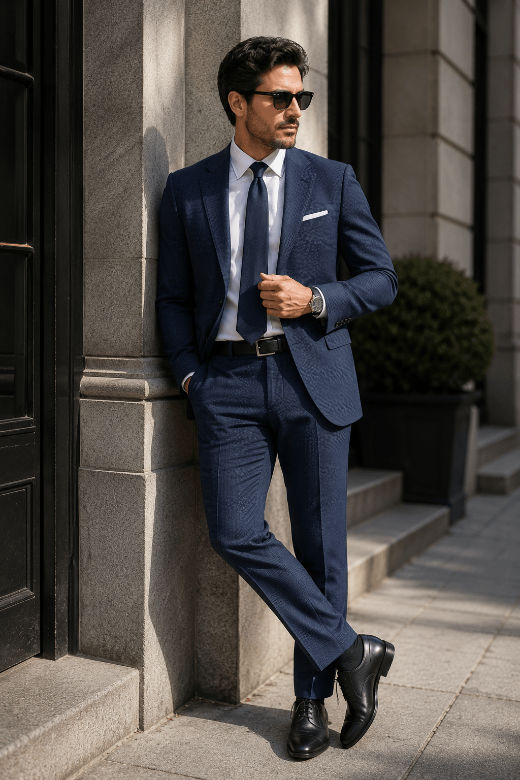 Man wearing a tailored navy blue business suit with a white dress shirt, navy tie, black belt, and black Oxford shoes