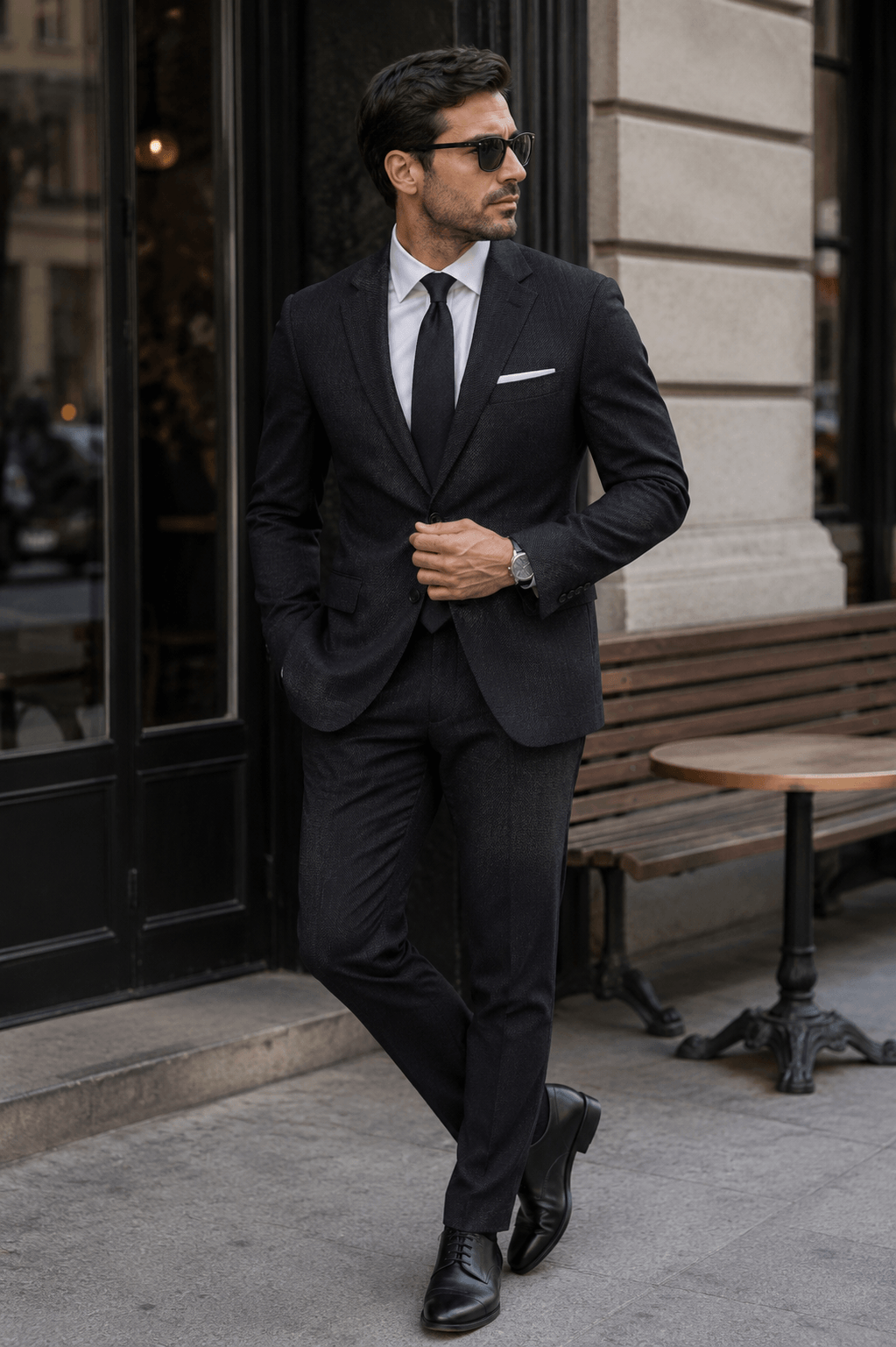 Man wearing a tailored blue strip suit with a white dress shirt, black tie, and black Oxford shoes for business formal style