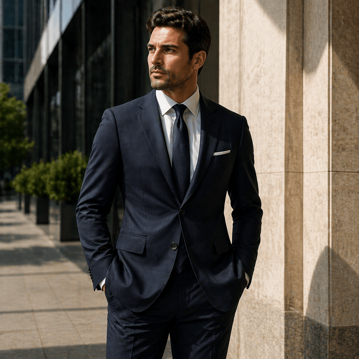 Professional man wearing a navy blue business suit and tie in an urban office setting