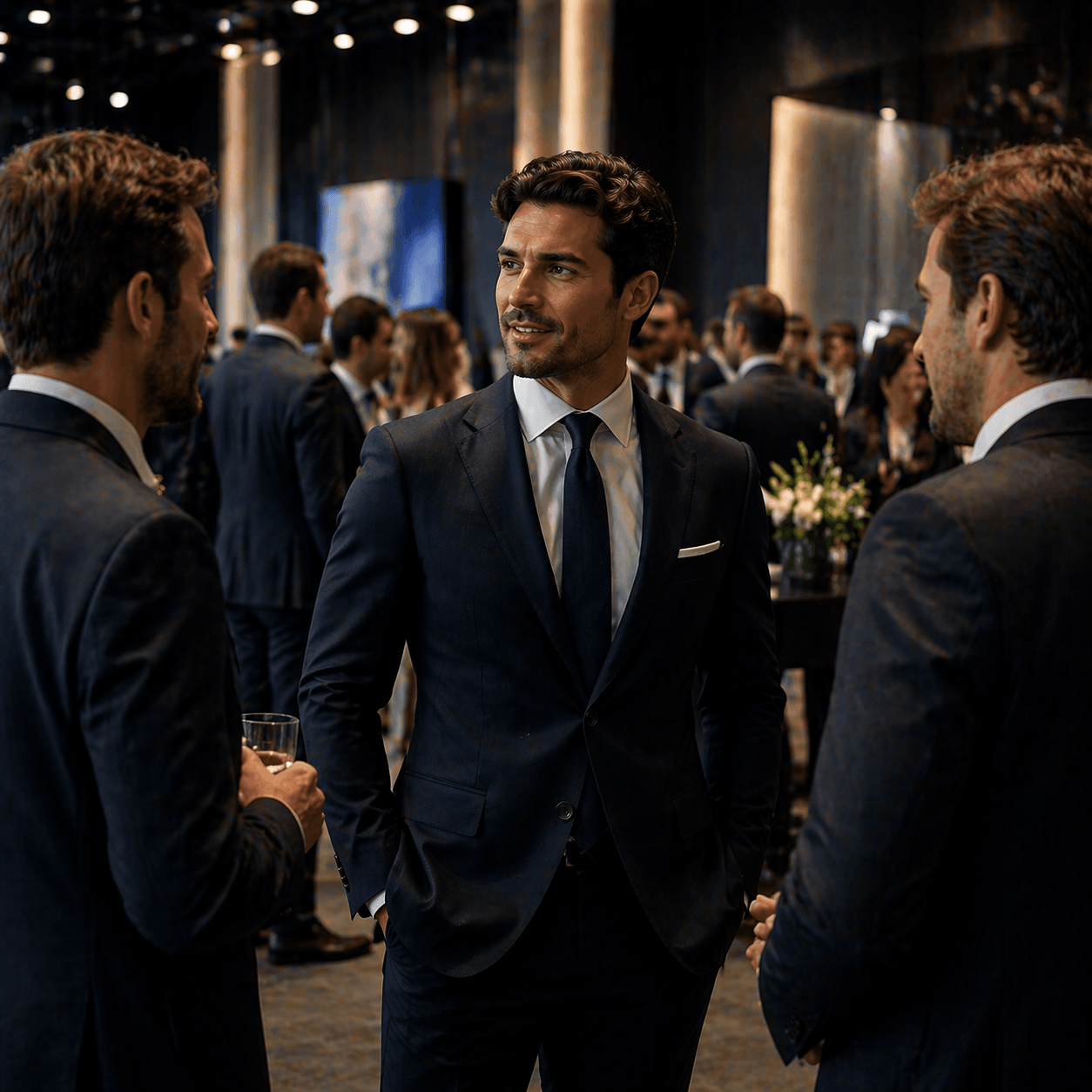 Confident businessman wearing a tailored navy blue suit with tie, networking at a luxury corporate event in a modern upscale venue, showcasing sophisticated executive menswear and professional formal style.
