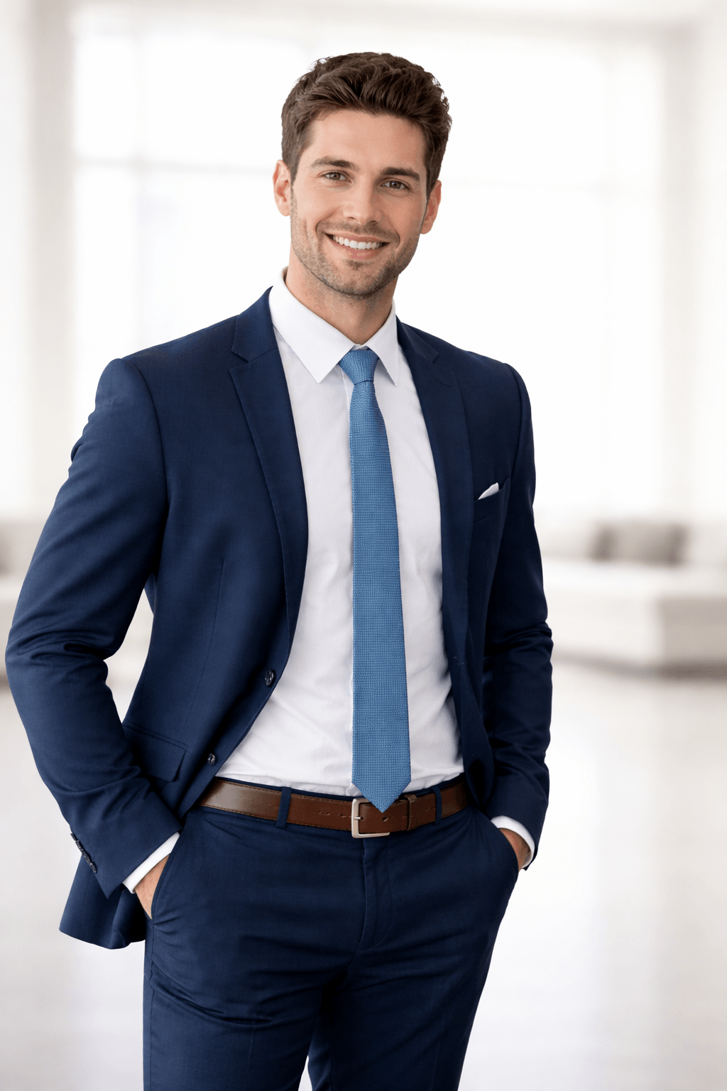 Corporate menswear look showcasing a fitted navy blue suit and professional appearance.