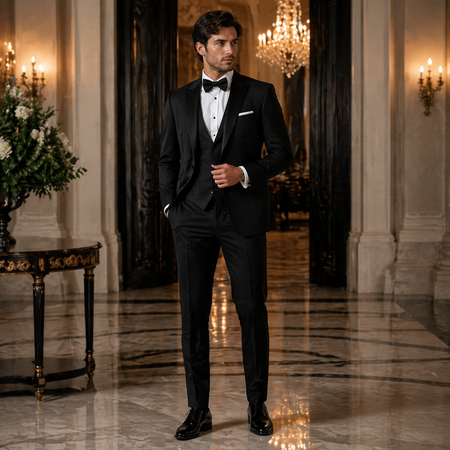 Designer black tuxedo outfit for weddings, galas, and formal evening occasions