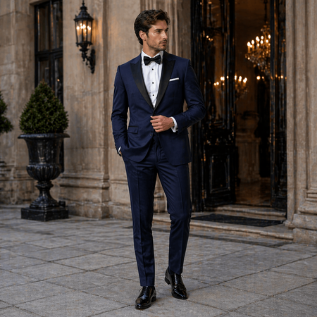Premium men's wedding tuxedo in deep navy blue with refined evening styling