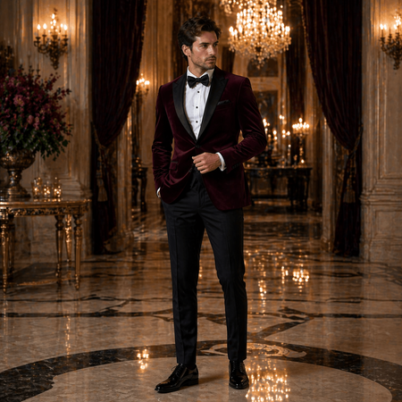 Premium men's formalwear featuring a burgundy velvet blazer and black dress pants