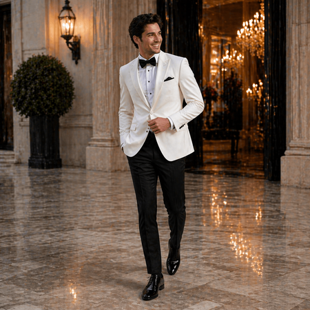 Smiling groom in a white tuxedo jacket with black bow tie and black trousers, walking through a luxurious ballroom, showcasing elegant wedding reception and black-tie formalwear style.