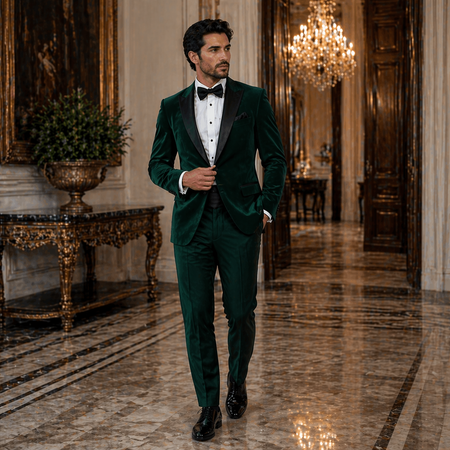 Elegant man wearing a luxury emerald green velvet tuxedo with black satin shawl lapels and bow tie, showcasing sophisticated black-tie wedding fashion in a grand hotel interior with upscale formal menswear styling.

