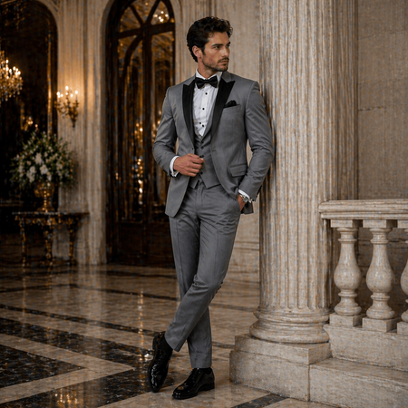 Man wearing a gray tuxedo with black lapels and bow tie in a luxury ballroom