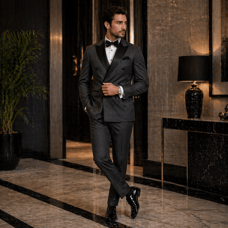 Sophisticated double-breasted tuxedo styled with a bow tie and patent leather shoes