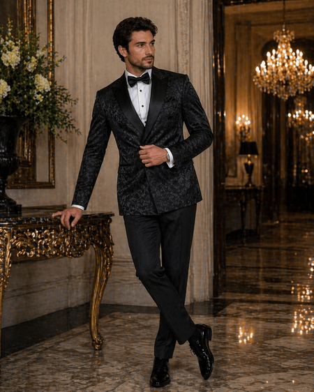 Elegant man wearing a luxury black patterned tuxedo jacket with satin shawl lapels, bow tie, and formal evening attire, styled in a grand hotel interior with sophisticated black-tie fashion aesthetics.
