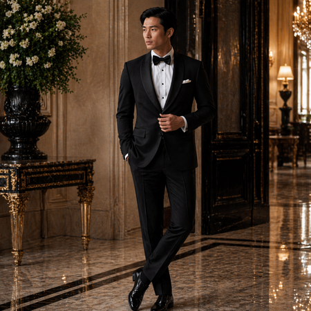 Luxury formal menswear featuring a tailored black dinner suit and bow tie, perfect for black-tie weddings and gala occasions.