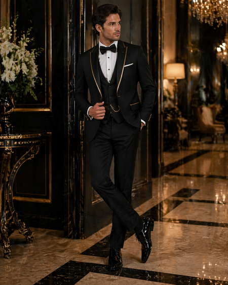 High-end menswear look with a fitted tuxedo, waistcoat, and luxury evening fashion details