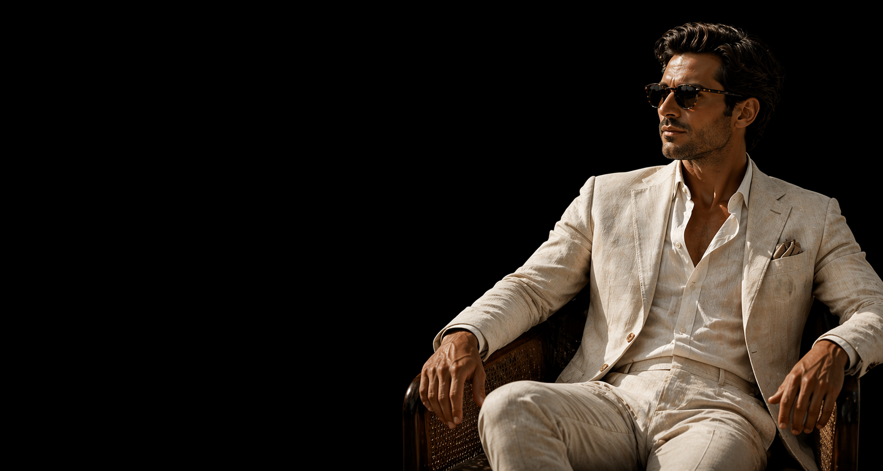 Man wearing a cream linen suit and sunglasses seated in a chair.
