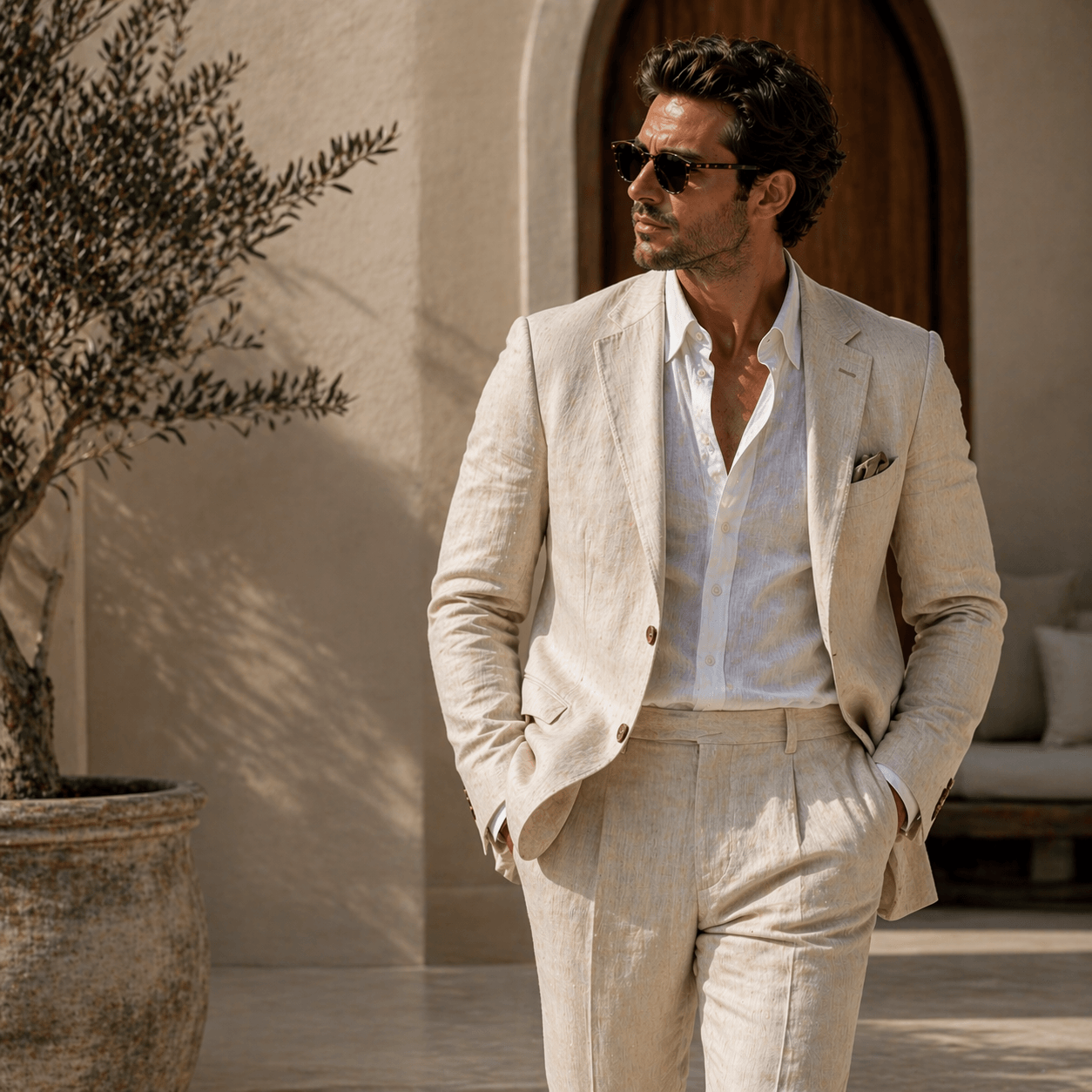 Men's cream linen suit with white dress shirt and sunglasses, showcasing sophisticated summer wedding attire and luxury resort fashion style.